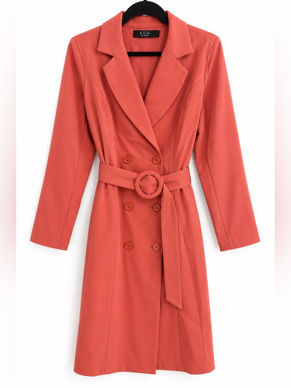 A.C.G. Los Angeles Coral Double Breasted Belted Long Blazer Coat L